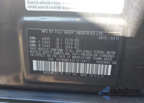 2012 Subaru Legacy 2.5I Premium из США, поврежденный, VIN 4S3BMBC68C3014417